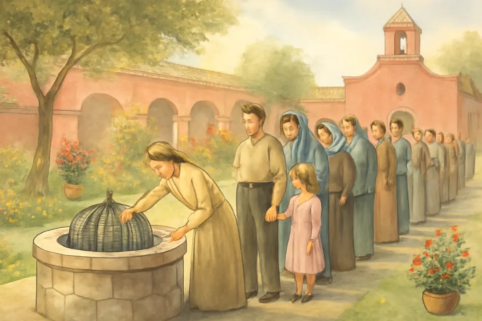 Ilustración en estilo acuarela de peregrinos dejando cartas con sus peticiones en el pozo del jardín del Santuario de Santa Rosa, en Lima
