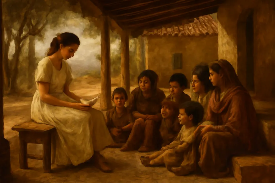 Ilustración en estilo óleo de una muchacha que enseña el catecismo a niños campesinos sentados en el corredor de una casa de hacienda chilena, en verano