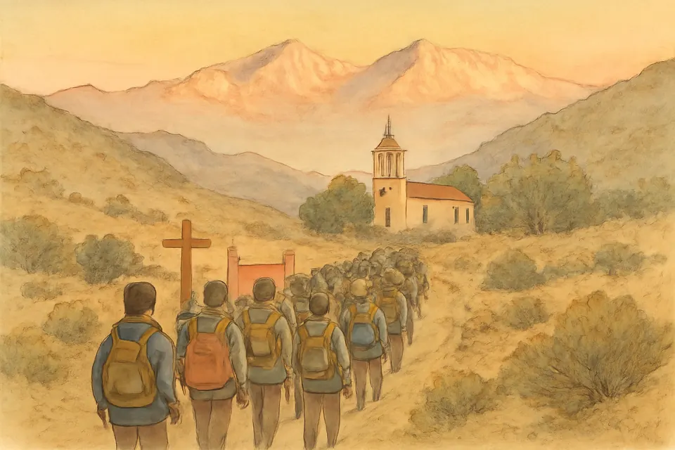 Ilustración en estilo acuarela de miles de jóvenes que caminan de noche y al amanecer por un camino de tierra entre cerros hacia el santuario de Auco, con la cordillera nevada al fondo