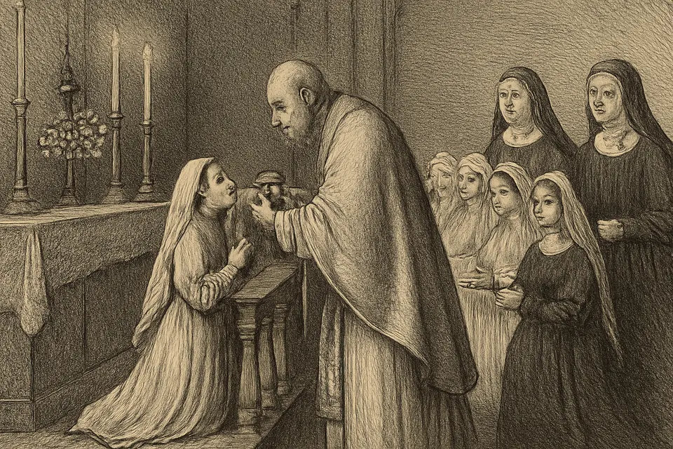 Ilustración en estilo grabado de una niña de diez años con vestido y velo blancos que recibe la primera comunión de manos de un sacerdote en una capilla de colegio