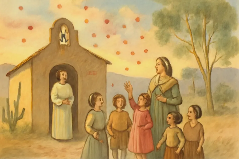 Ilustración en estilo acuarela de pétalos de rosa que caen del cielo sobre una sencilla capilla misionera de adobe, mientras una catequista y unos niños miran hacia arriba
