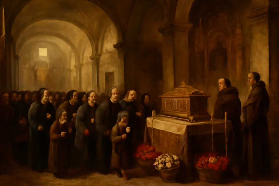Ilustración en estilo óleo de una larga fila de fieles con rosas en las manos que esperan para venerar un relicario dorado expuesto en la nave de una catedral colonial
