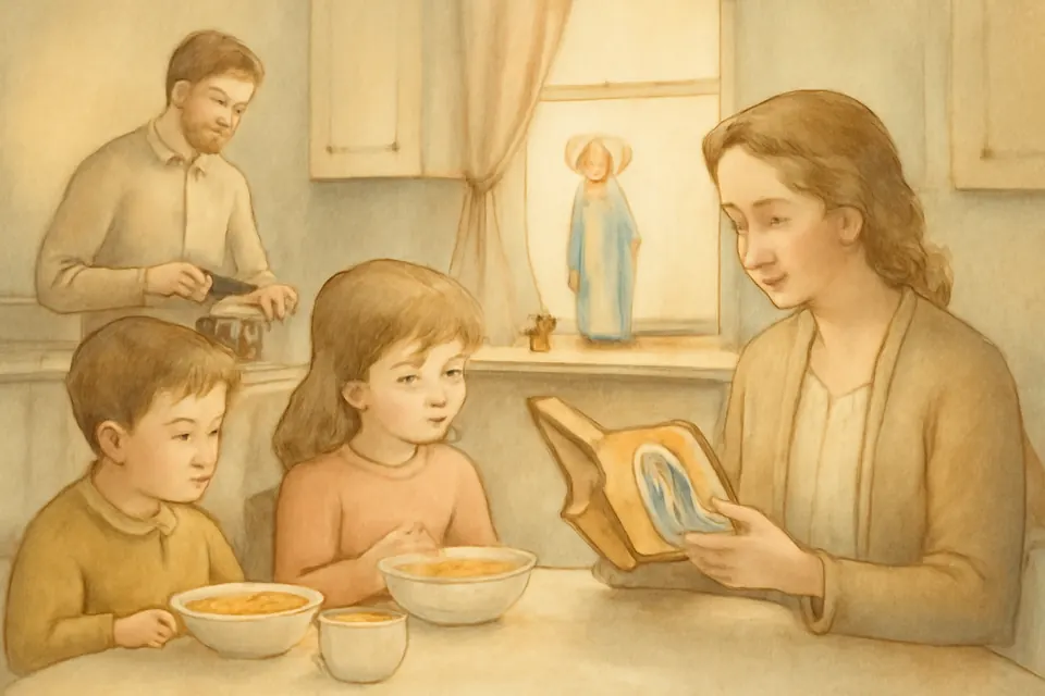 Ilustración en estilo acuarela de una madre que lee en voz alta la vida del santo del día a sus hijos durante el desayuno