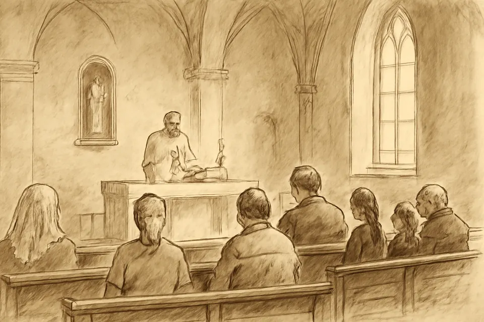 Ilustración en estilo tinta de una misa entre semana temprano por la mañana, con pocos fieles y el sacerdote en el altar