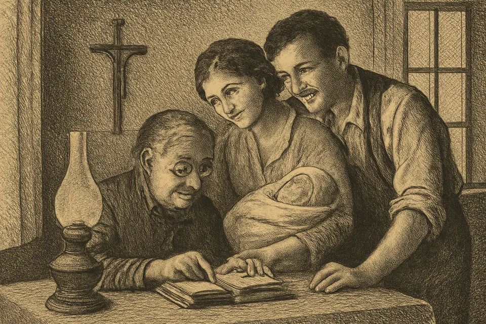 Ilustración en estilo grabado de una abuela que busca en un almanaque el santo del día mientras los padres sostienen a su bebé recién nacido