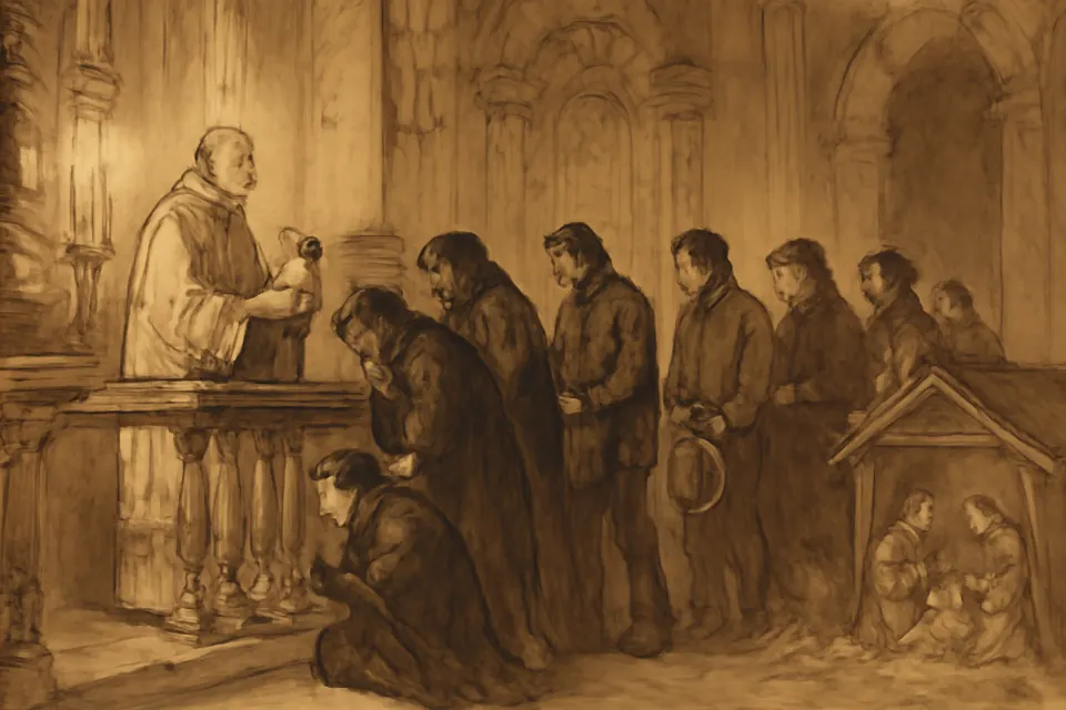 Ilustración en tinta y aguada sepia de un sacerdote que, en la misa de medianoche de Navidad, presenta a los fieles una pequeña imagen del Niño Jesús para que la besen