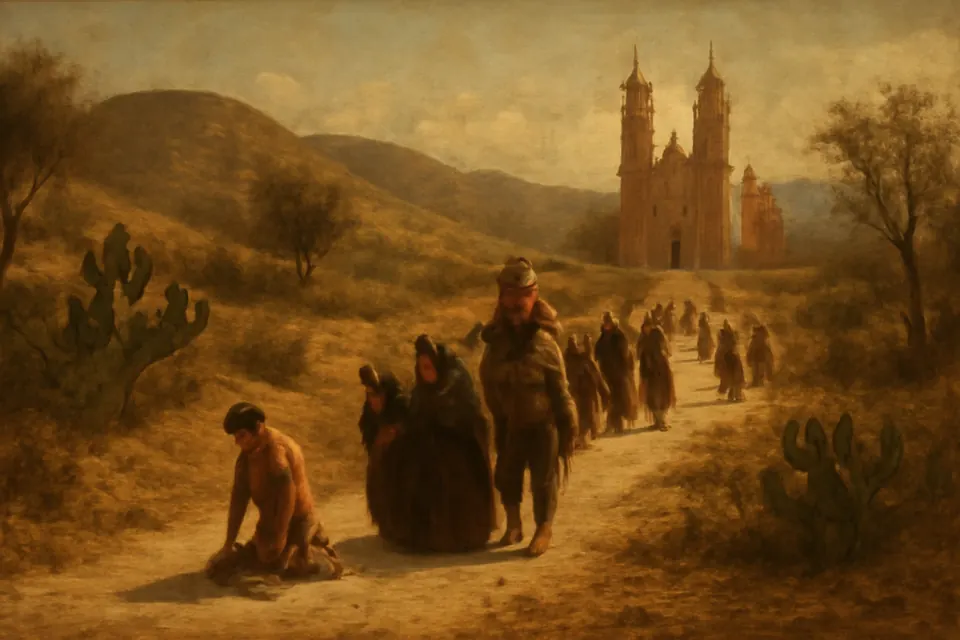 Ilustración al estilo de pintura al óleo de familias de peregrinos que caminan por un camino seco del semidesierto de Zacatecas hacia un santuario barroco de dos torres