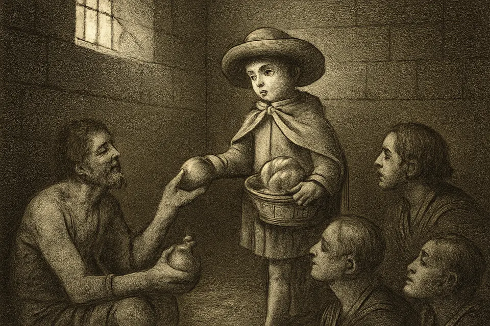 Ilustración al estilo de grabado antiguo de un niño vestido de peregrino que da pan y agua a unos prisioneros encadenados en un calabozo de piedra