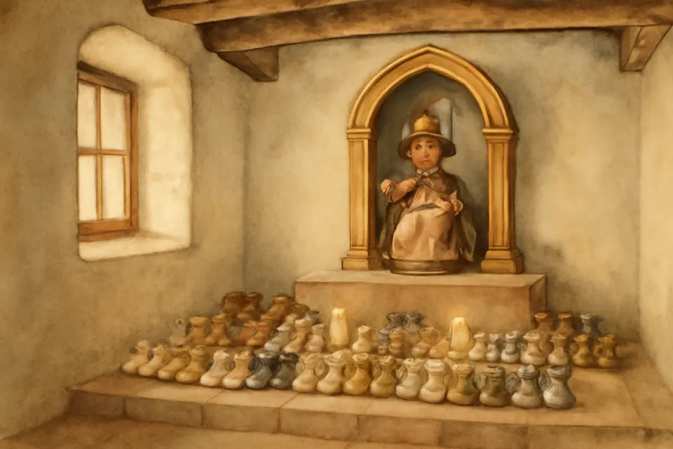 Ilustración en acuarela del interior de una capilla de adobe donde los peregrinos han dejado muchos zapatitos de niño a los pies de una pequeña imagen del Niño de Atocha