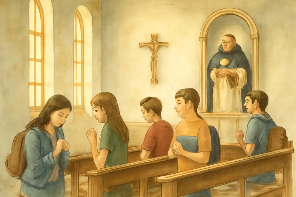Ilustración en estilo acuarela de estudiantes universitarios latinoamericanos que rezan en silencio en la capilla de su universidad antes de un examen, ante una imagen de Santo Tomás de Aquino