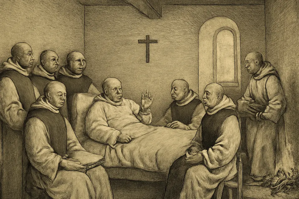 Ilustración en estilo grabado de Santo Tomás de Aquino enfermo en un lecho de la abadía de Fossanova, que explica un libro a los monjes cistercienses reunidos a su alrededor