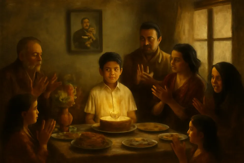Ilustración en estilo de pintura al óleo de una familia que celebra el día del santo de su hijo con un pastel después de la misa