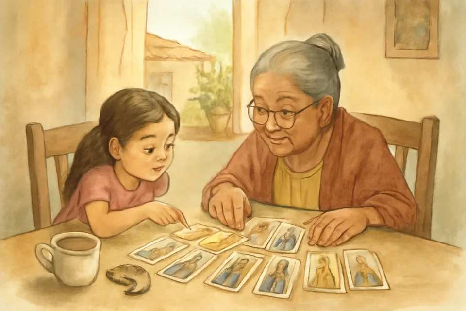 Ilustración en estilo acuarela de una abuela que muestra a su nieta estampas de santos sobre la mesa de la cocina