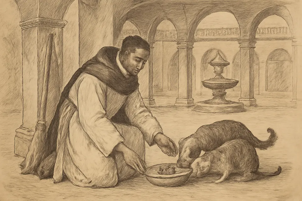 Ilustración en estilo de dibujo a tinta de un fraile dominico mulato que da de comer en un mismo plato a un perro, un gato y un ratón en el patio de un convento colonial