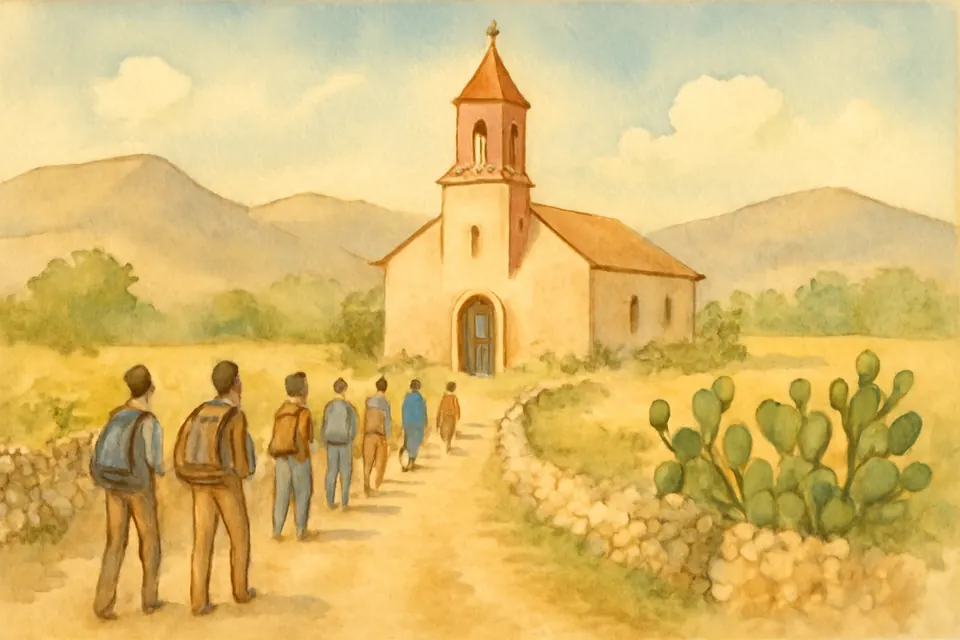 Ilustración en acuarela de peregrinos con mochilas que llegan a pie a una iglesia de pueblo en los Altos de Jalisco, entre campos secos y nopales