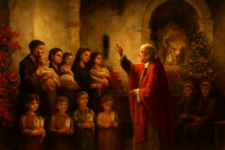 Ilustración de estilo óleo de un sacerdote que bendice a niños pequeños y bebés en brazos de sus madres en una parroquia latinoamericana el 28 de diciembre
