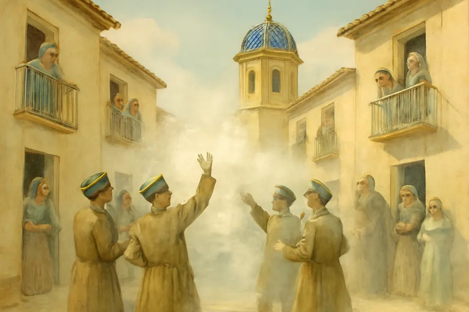 Ilustración en estilo acuarela de la fiesta de los Enfarinats en un pueblo de Alicante, con vecinos disfrazados que lanzan harina en una plaza el 28 de diciembre