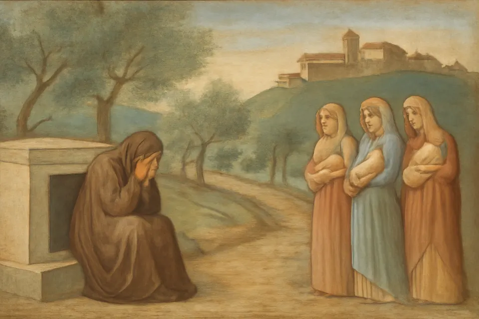 Ilustración en estilo fresco de Raquel, una mujer de manto oscuro, que llora junto a una tumba de piedra en el camino de Belén, rodeada de madres con sus hijos