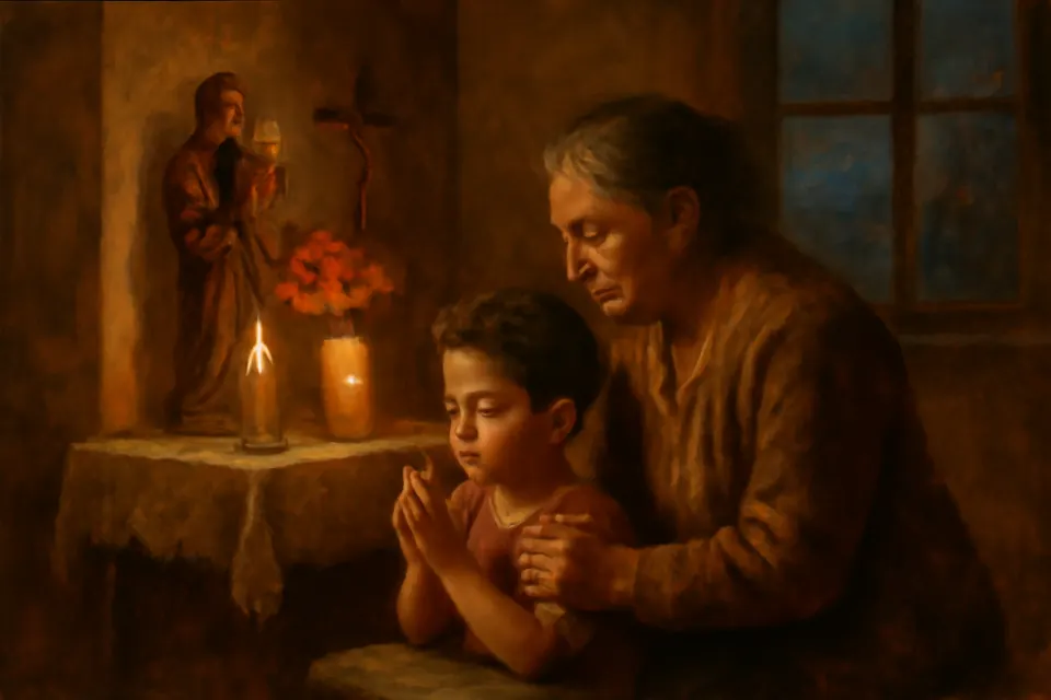 Ilustración en estilo de pintura al óleo de una abuela que enseña a su nieto a rezar ante el pequeño altar de la casa, con la imagen del santo patrono de la familia