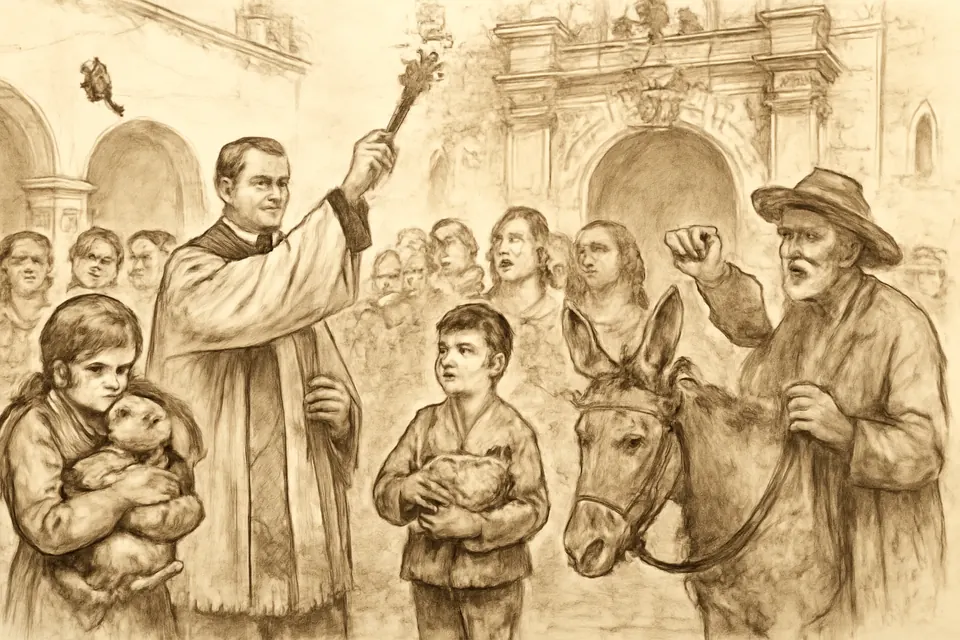 Ilustración en estilo de dibujo a tinta de un sacerdote que bendice con agua bendita a los animales que las familias llevan al atrio de una iglesia colonial