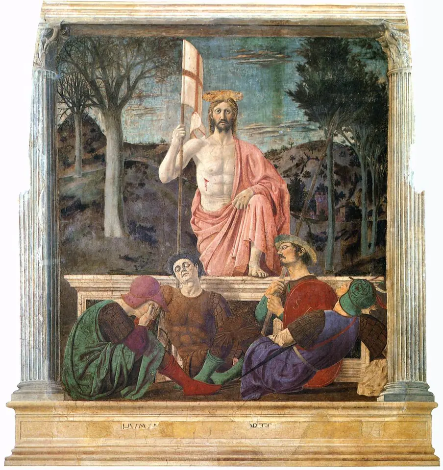 Cristo resucitado, de pie con un pie sobre el borde del sepulcro y el estandarte de la cruz en la mano, mientras cuatro soldados duermen abajo ante un paisaje de árboles desnudos y otros con hojas