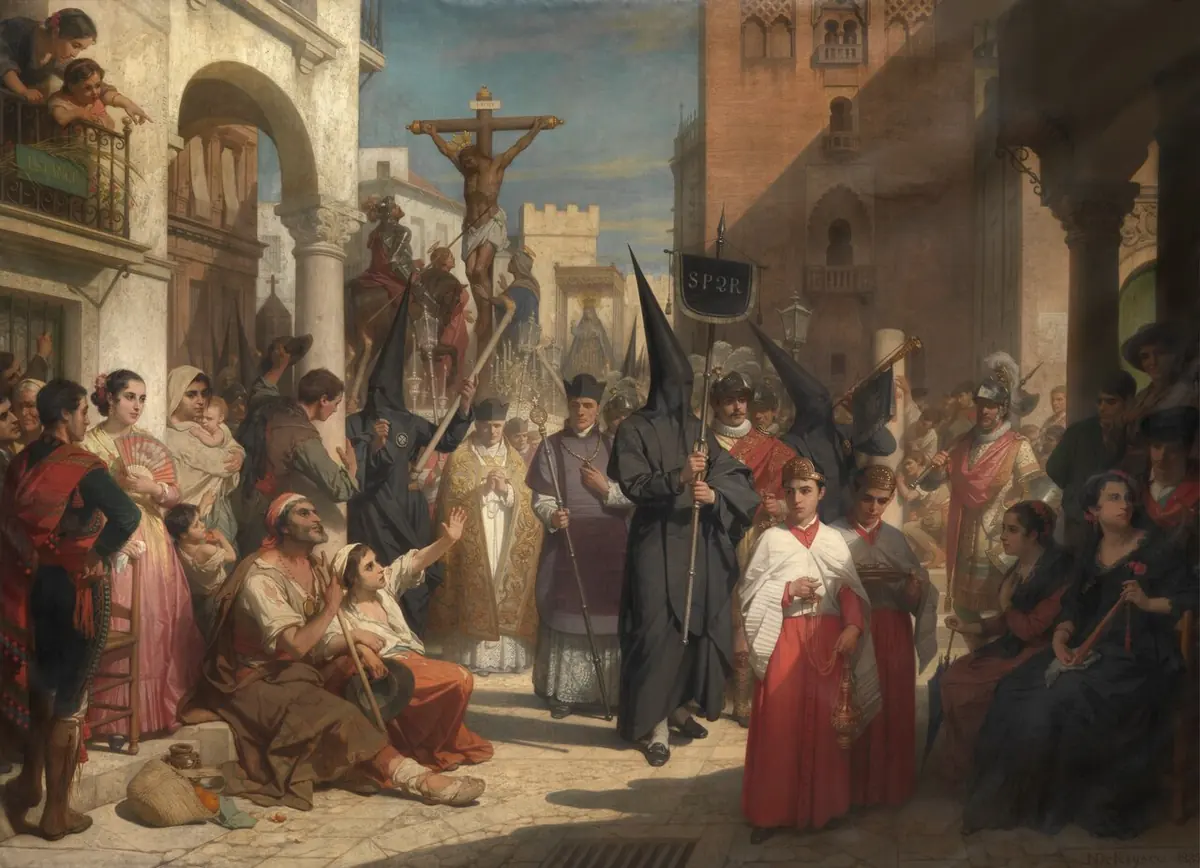 Pintura del siglo XIX de una procesión de Viernes Santo en Sevilla, con penitentes encapuchados y una imagen sagrada llevada entre la multitud por una calle de la ciudad