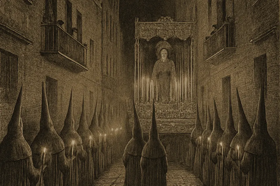 Ilustración en estilo grabado de una cofradía de nazarenos con capirotes y cirios que acompaña a un paso de la Virgen Dolorosa bajo palio por una calle estrecha de Sevilla