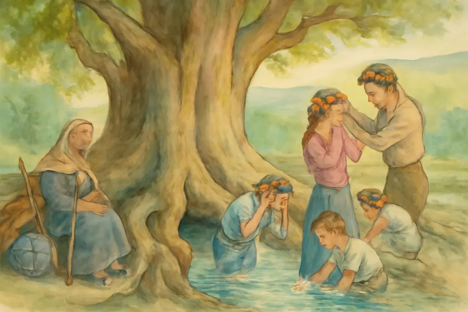 Ilustración en estilo acuarela de peregrinos con coronas de flores que se refrescan en el agua de un manantial entre las raíces de un ahuehuete enorme