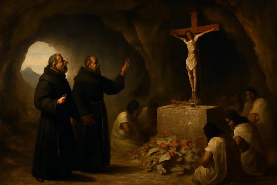 Ilustración en estilo óleo de dos frailes agustinos y un grupo de indígenas que, al entrar en una cueva, encuentran un crucifijo sobre un altar de piedra y el suelo cubierto de flores
