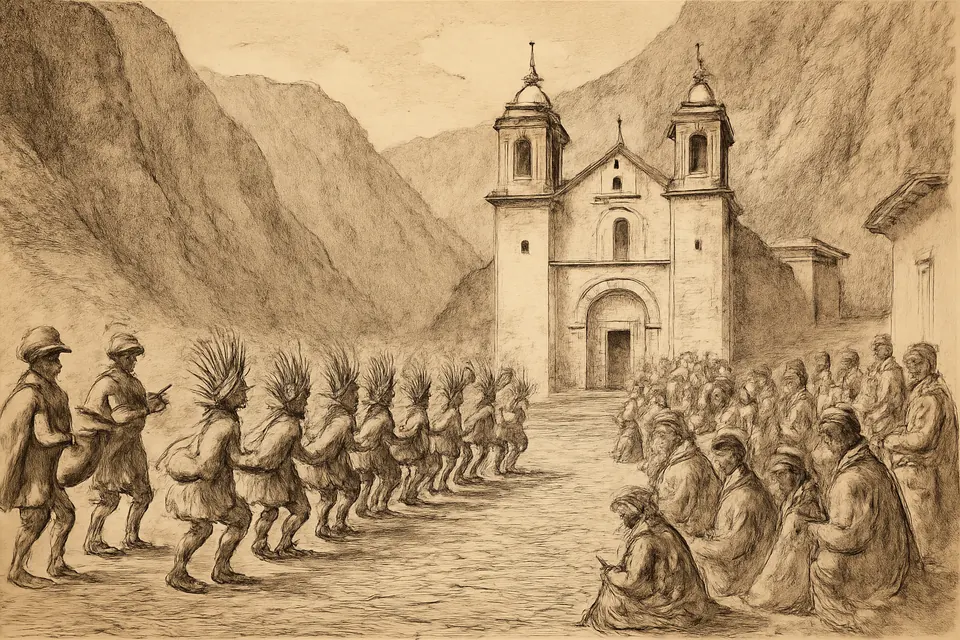 Ilustración en estilo de dibujo a tinta de un grupo de danzantes con penachos de plumas que bailan en el atrio de un santuario de dos torres, al fondo de una barranca