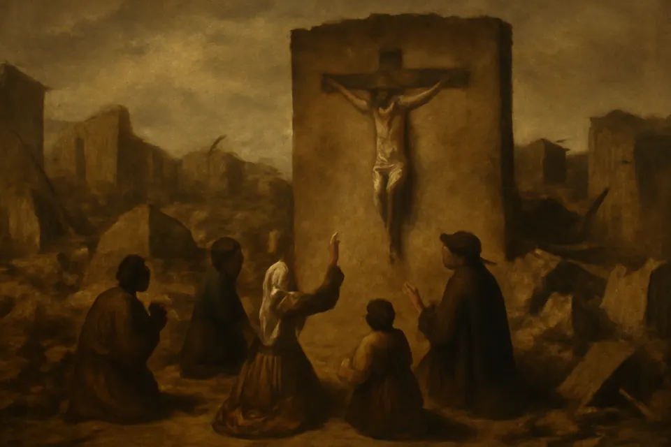 Ilustración en estilo óleo de casas de adobe derrumbadas tras un terremoto, entre las que un solo muro sigue en pie con la pintura de Cristo crucificado