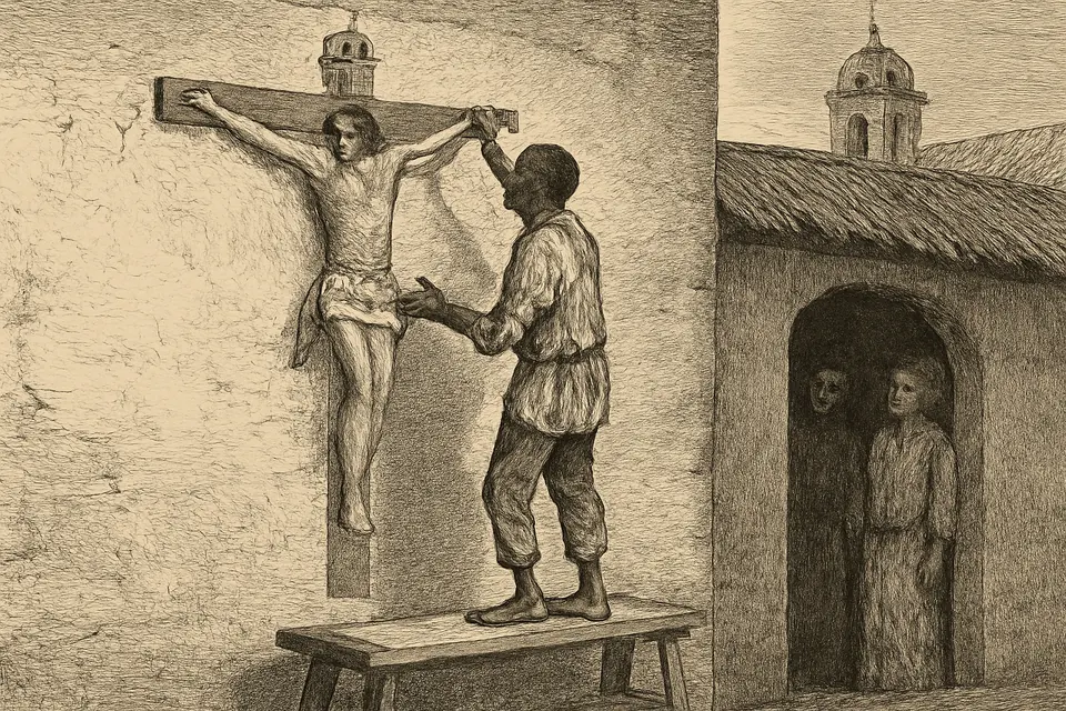 Ilustración en estilo grabado de un hombre africano que pinta con un pincel un Cristo crucificado sobre un muro de adobe, en un patio humilde de la Lima del siglo XVII
