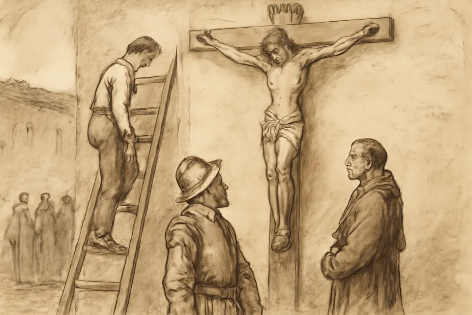 Dibujo a tinta de un pintor colonial en una escalera ante un muro con la imagen de Cristo, que baja la mano con el pincel sin atreverse a borrarla, mientras un soldado y un sacerdote lo observan