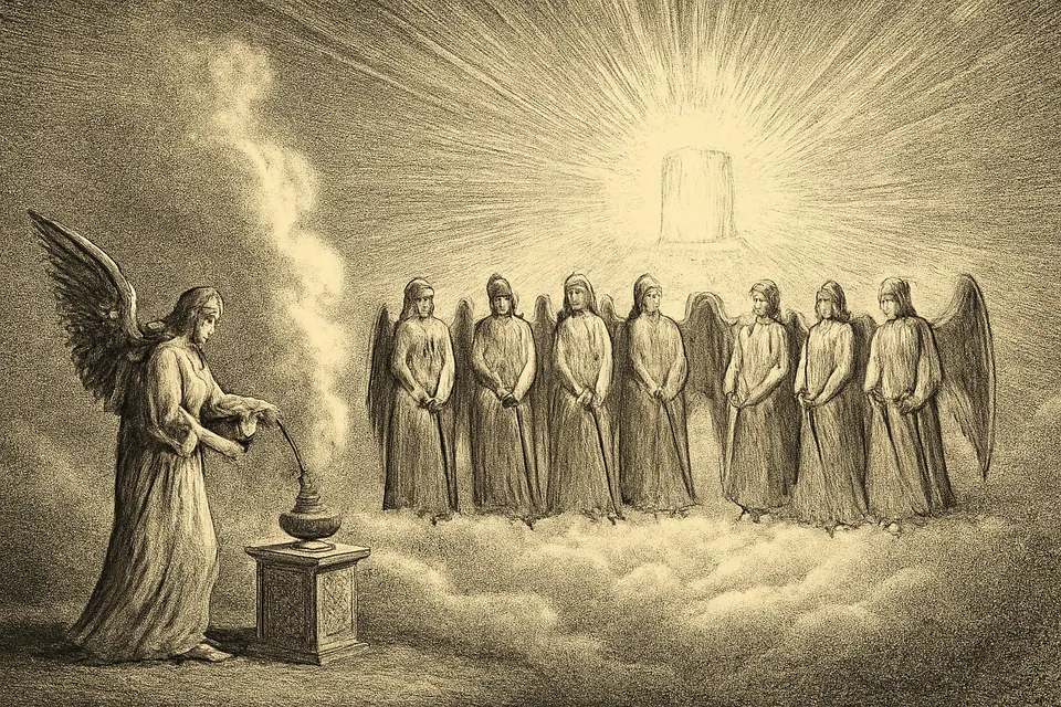 Ilustración en estilo grabado de siete ángeles en pie ante el trono de Dios, mientras otro ángel ofrece incienso en un incensario de oro junto al altar