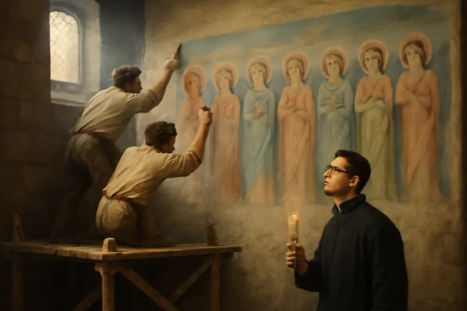 Ilustración en estilo fresco de unos albañiles del siglo XVI que, al raspar la pared de una pequeña iglesia, descubren una antigua pintura de siete ángeles