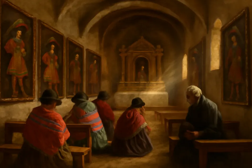 Ilustración en estilo óleo del interior de una iglesia de adobe en el altiplano andino, con grandes cuadros de ángeles vestidos de corte en las paredes y fieles que rezan