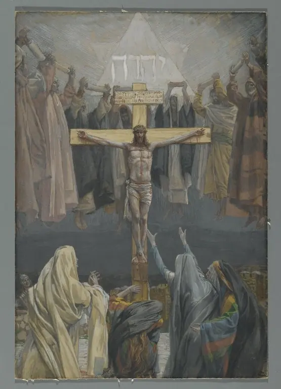 Acuarela de Jesús muerto en la cruz bajo un cielo oscurecido, visto a distancia, mientras la multitud a sus pies levanta los brazos