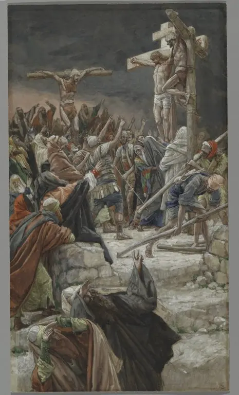 Acuarela de las cruces del Calvario, con Jesús y el buen ladrón crucificados, ante una multitud que se agolpa en la ladera