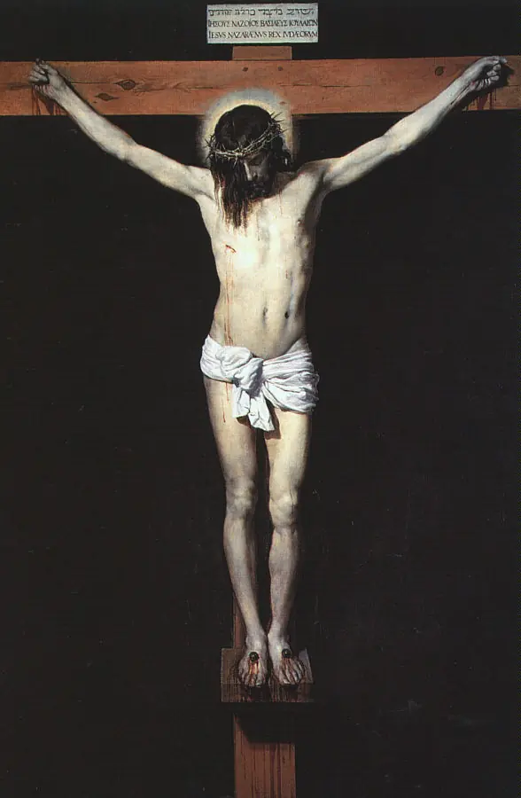 Pintura de Cristo en la cruz sobre un fondo oscuro, con la cabeza inclinada hacia un lado y en parte cubierta por el cabello, y un paño blanco en la cintura