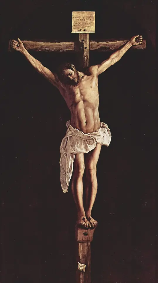 Pintura de Cristo crucificado con cuatro clavos, iluminado sobre un fondo completamente negro, con la cabeza levantada hacia lo alto y un paño blanco de pliegues marcados en la cintura