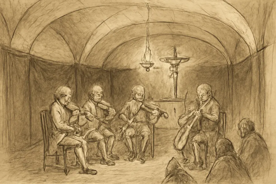 Ilustración en estilo tinta de un cuarteto de cuerda del siglo XVIII que toca a la luz de una sola lámpara en una capilla subterránea abovedada, ante un crucifijo