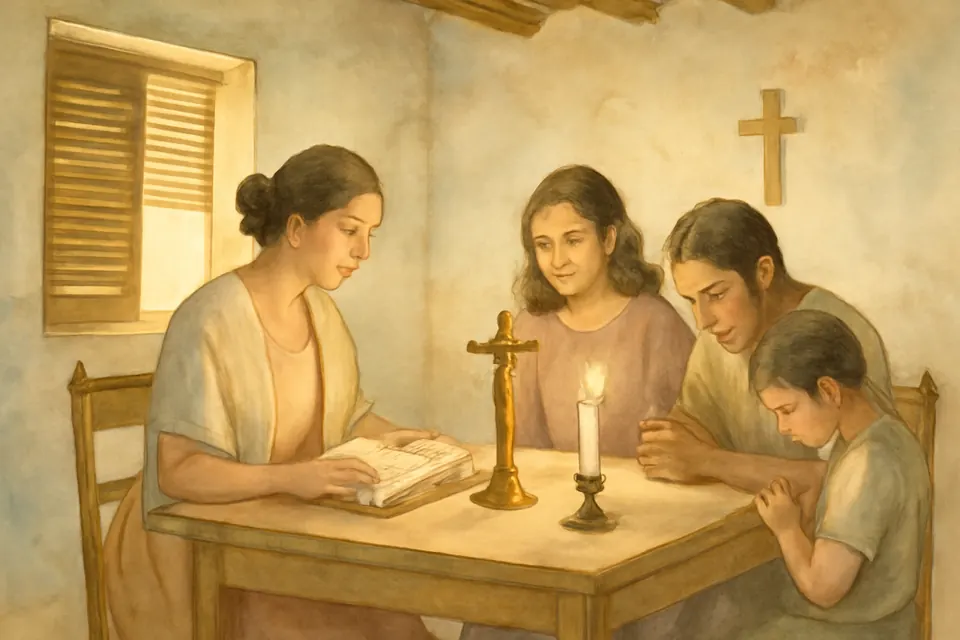 Ilustración en acuarela de una familia que lee en silencio los Evangelios de la Pasión en casa al mediodía del Viernes Santo, ante un crucifijo y una vela encendida