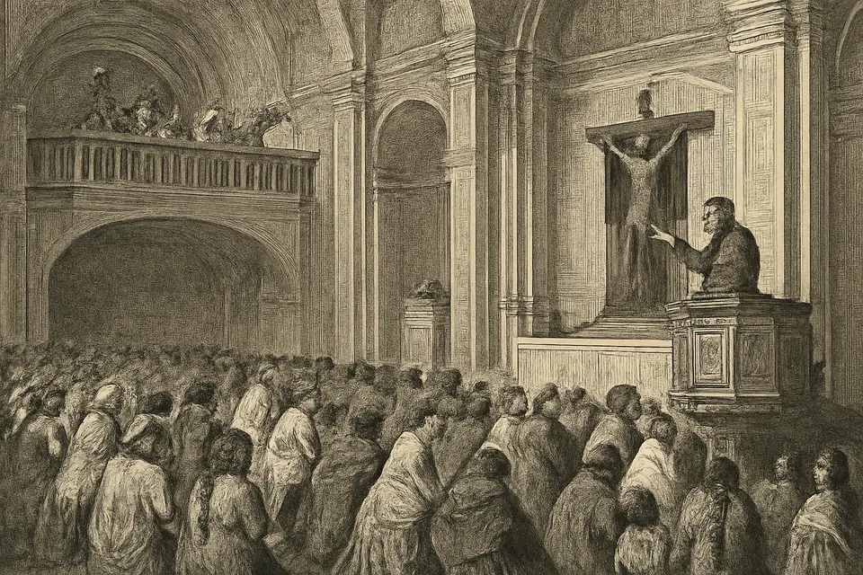 Ilustración en estilo grabado de un jesuita que predica las Tres Horas desde el púlpito de una iglesia de Lima en el siglo XVIII, mientras unos músicos tocan en el coro