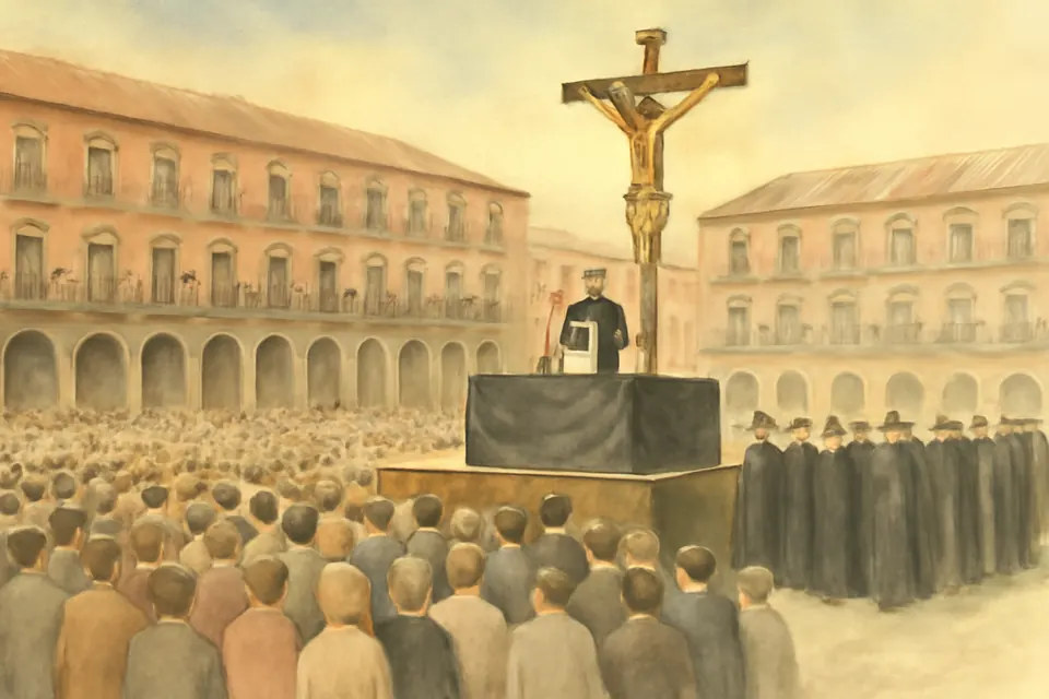 Ilustración en acuarela de una multitud silenciosa en una gran plaza mayor castellana al mediodía del Viernes Santo, ante un estrado desde donde predica un sacerdote junto a un grupo escultórico de la crucifixión