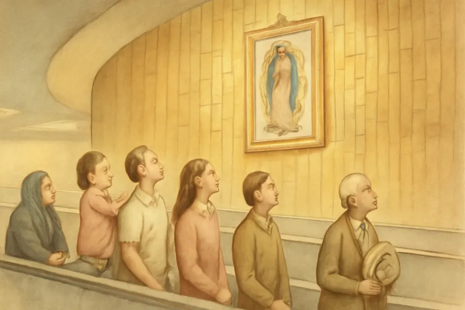 Ilustración en acuarela de peregrinos en una banda móvil que pasan bajo la imagen de la Virgen de Guadalupe, colgada en lo alto de un muro dorado en la basílica