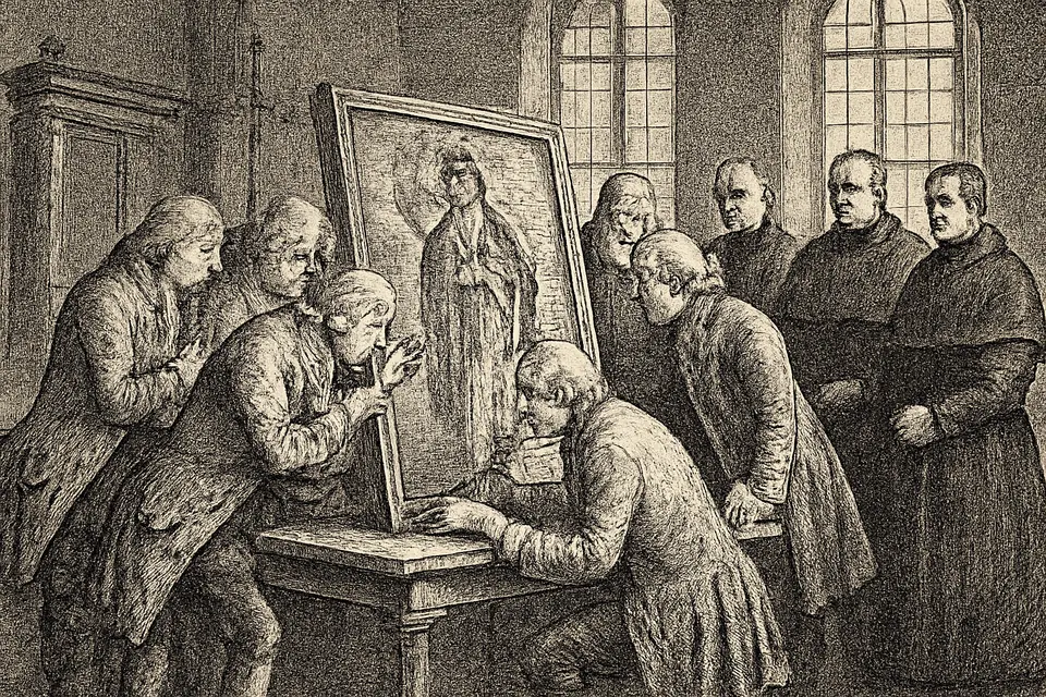 Ilustración al estilo de grabado antiguo de un grupo de pintores del siglo XVIII con peluca y casaca que examinan de cerca, con lupa y a la luz de una ventana, la tela de la imagen de Guadalupe sacada de su marco