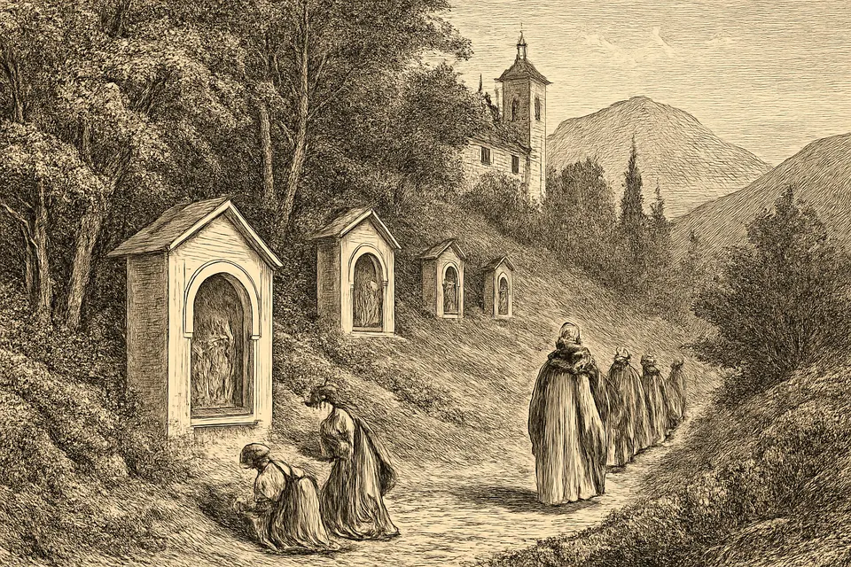 Ilustración en estilo grabado de un fraile dominico del siglo XV que camina con unos fieles entre pequeñas capillas blancas escalonadas en una ladera de la sierra de Córdoba