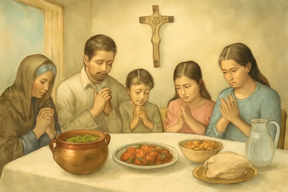 Ilustración en estilo acuarela de una familia mexicana sentada a una mesa sencilla con comida de vigilia el Viernes Santo, con un crucifijo en la pared