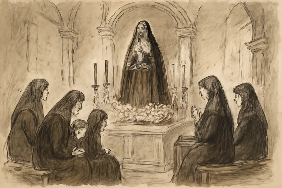 Ilustración en estilo tinta de mujeres vestidas de negro que acompañan en oración a una imagen de la Virgen de la Soledad, con manto negro, en una capilla iluminada con velas