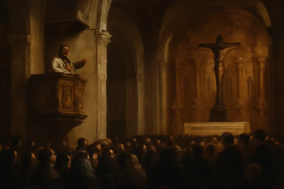Ilustración en estilo óleo de un sacerdote que predica las Siete Palabras desde un púlpito barroco ante un gran crucifijo, con la iglesia colonial llena de fieles al mediodía